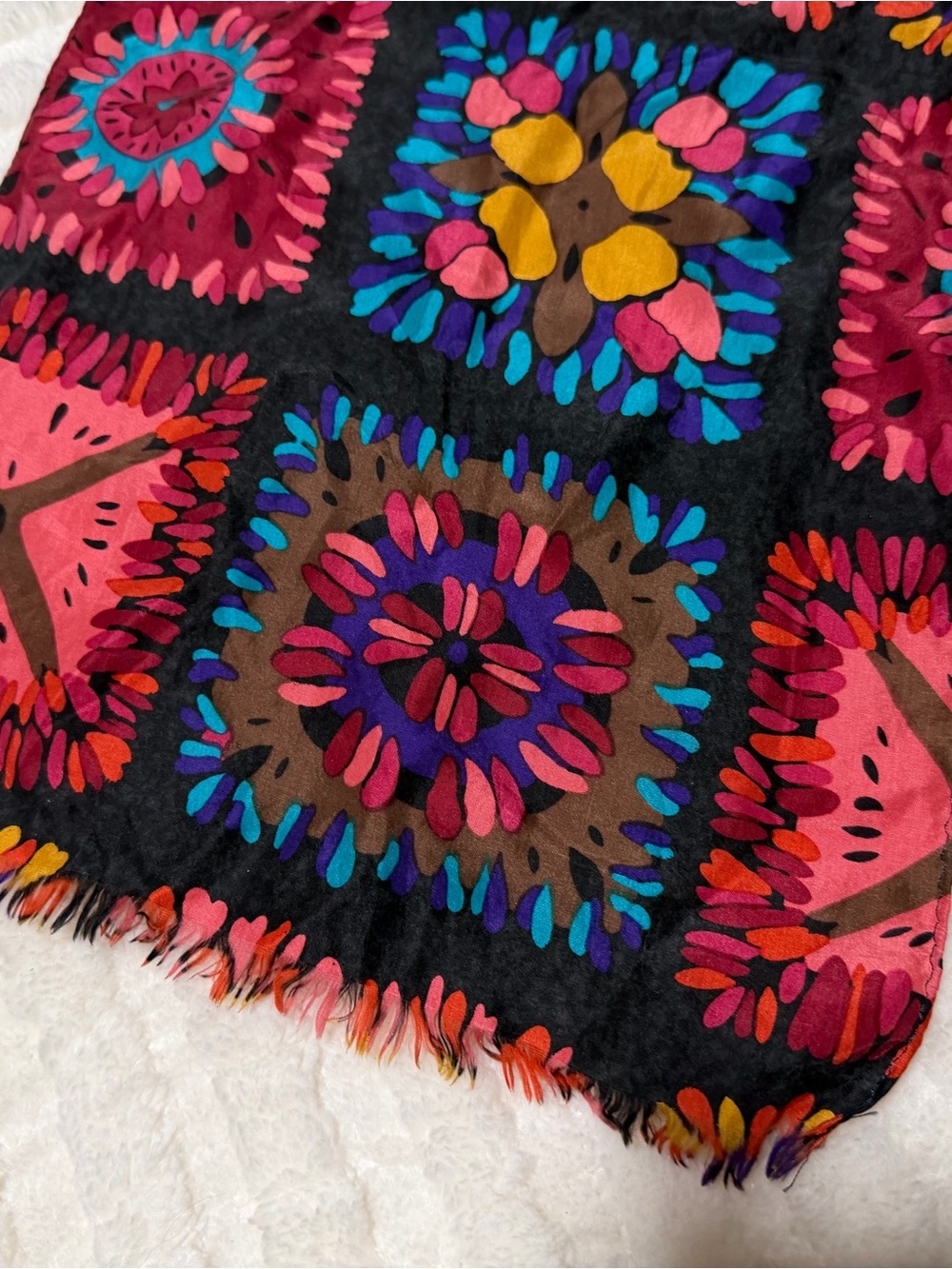 Vibrant Floral Square Scarf in Black, Pink, Turquoise & Mustard